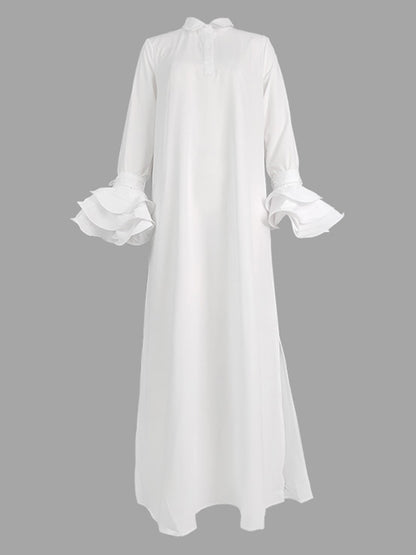 A-line Flared Sleeves Buttoned Color Split-joint Split-side Lapel Maxi Dresses