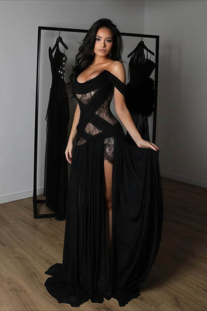 Lace Patchwork Cutout Sheer Slit Maxi Dress