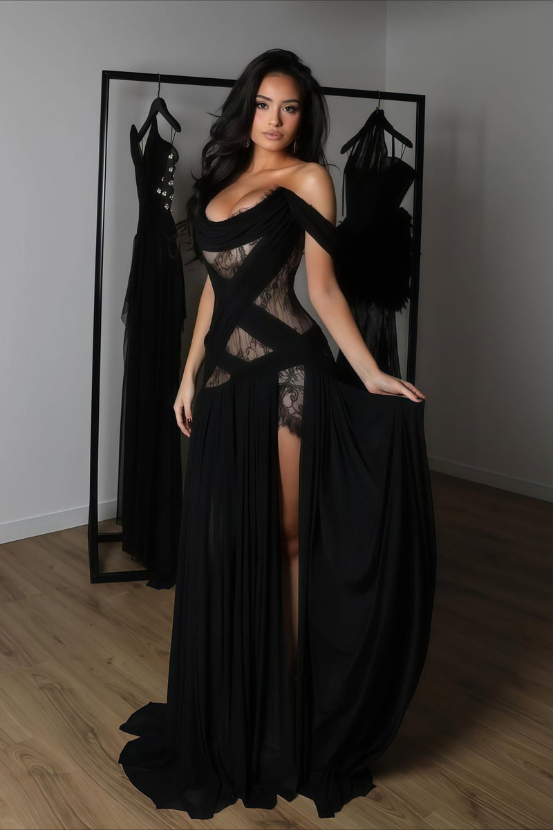 Lace Patchwork Cutout Sheer Slit Maxi Dress