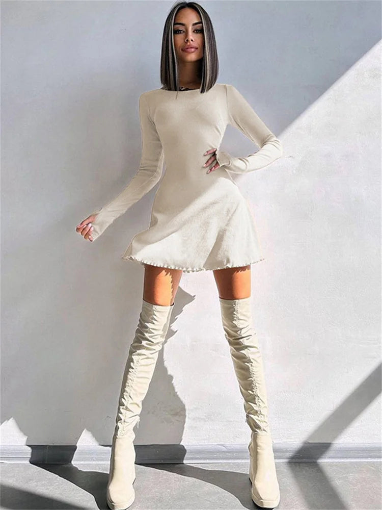 Bandage Ruffled High Waist Mini Dress for Long Sleeve Lace-up Patchwork Autumn Bodycon Dress New