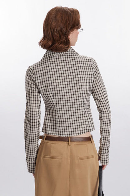 Plaid Ruched Long-sleeve Blouse