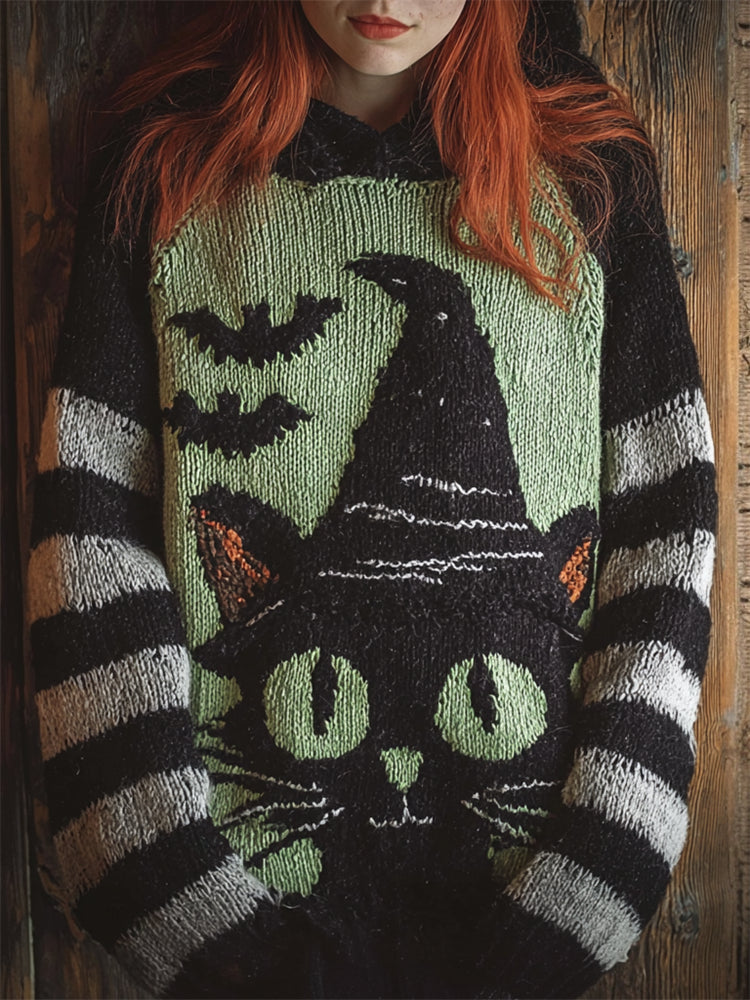 Halloween Witch Black Cat Striped Hooded Sweater elevenforest