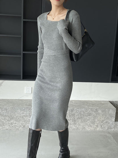 Simple Skinny Long Sleeves Color Square-neck Sweater Dresses