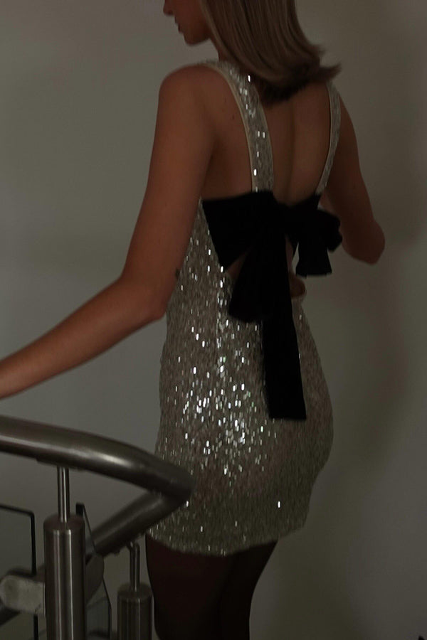 Party Time Starts Sequin Back Velevt Bow Detail Stretch Mini Dress