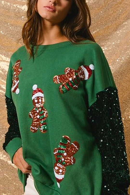 Christmas Loose Round Neck Sequined Sleeve Sweatshirt