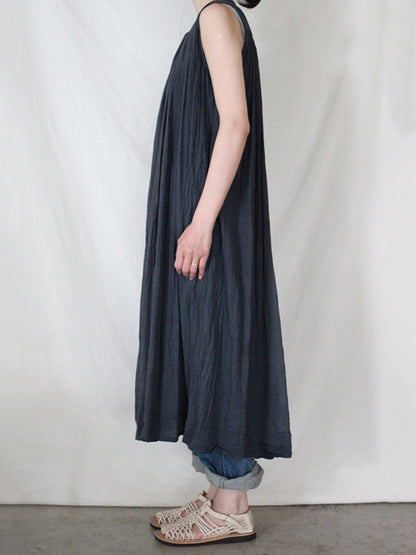 Loose Sleeveless Pleated See-through Round-neck Midi Dresses