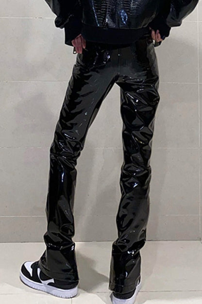 High Shine Pu Leather Slim Straight Pants