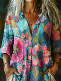 Women's Vintage Floral Pattern Art Print Casual Cotton Linen Shirt