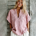 Women's Rose Floral Embroidery Art V Neck Comfy Shirt elevenforest