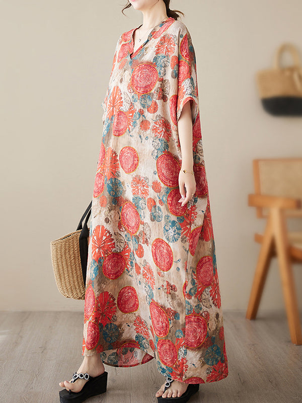 Loose Short Sleeves Printed V-neck Maxi Dresses