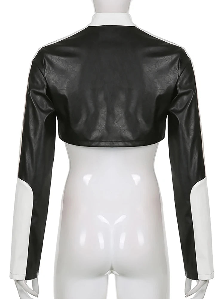 Pu Leather Jackets Coats Autumn Patchwork Long Sleeve High Street Cropped Jackets Motorcycle Y2k Tops
