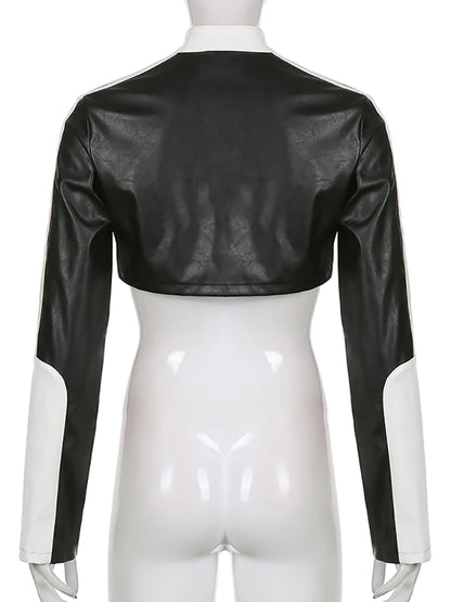 Pu Leather Jackets Coats Autumn Patchwork Long Sleeve High Street Cropped Jackets Motorcycle Y2k Tops