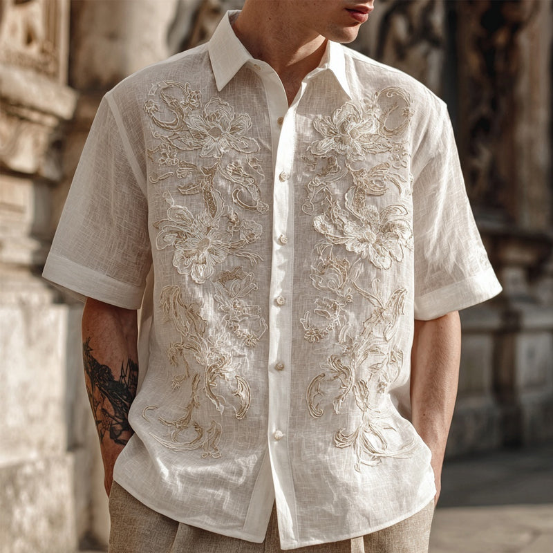 Men's Floral Lace Embroidered Short Sleeve Linen Shirt elevenforest
