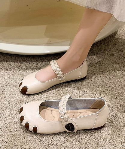 Fine Buckle Strap Flat Shoes for Beige Cowhide Leather