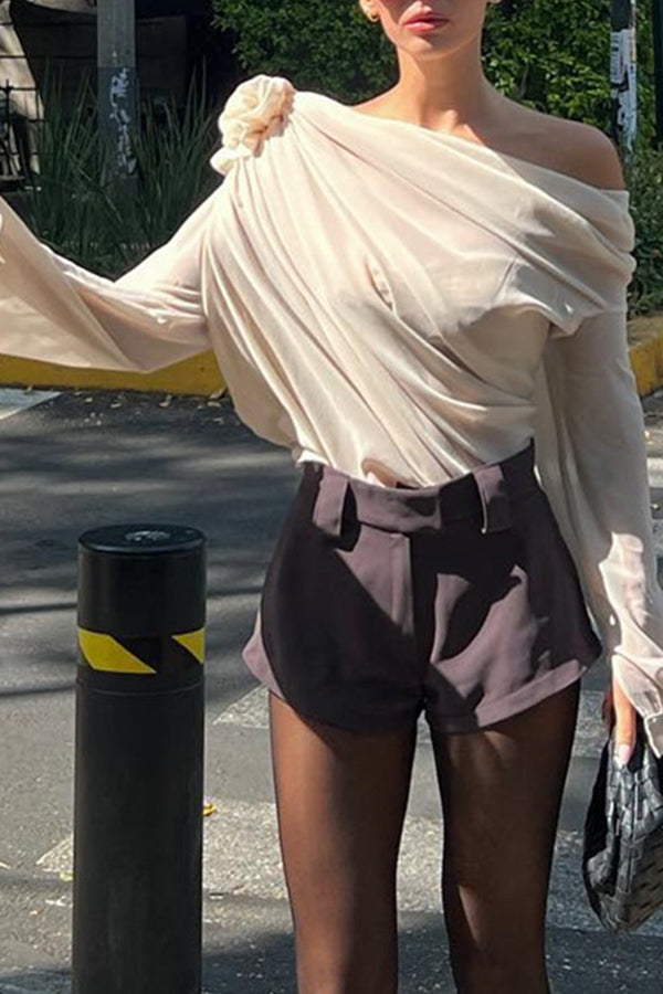 Three Dimensional Flower Tulle Off Shoulder Long Sleeved Blouse
