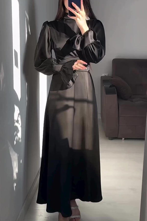 Color Ruffled Sleeves Waisted Tie Slim Fit Maxi Dress