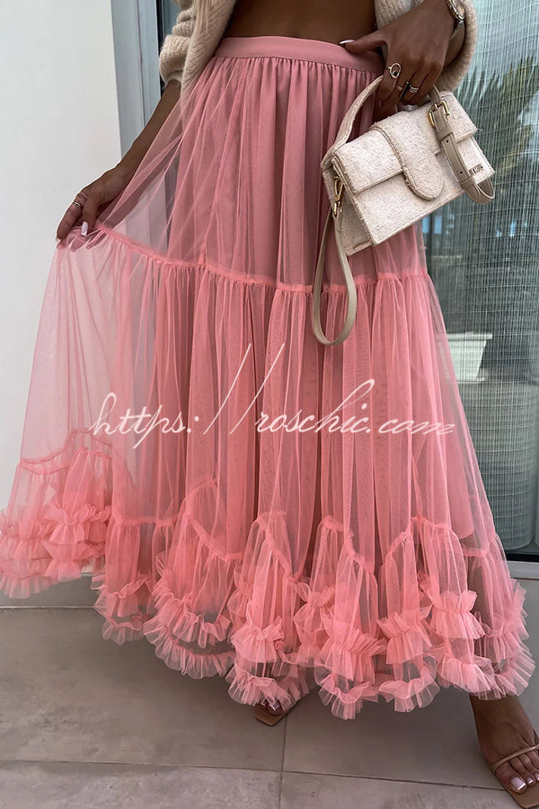 Tulle Stretch Waist Paneled Pleated Maxi Skirt