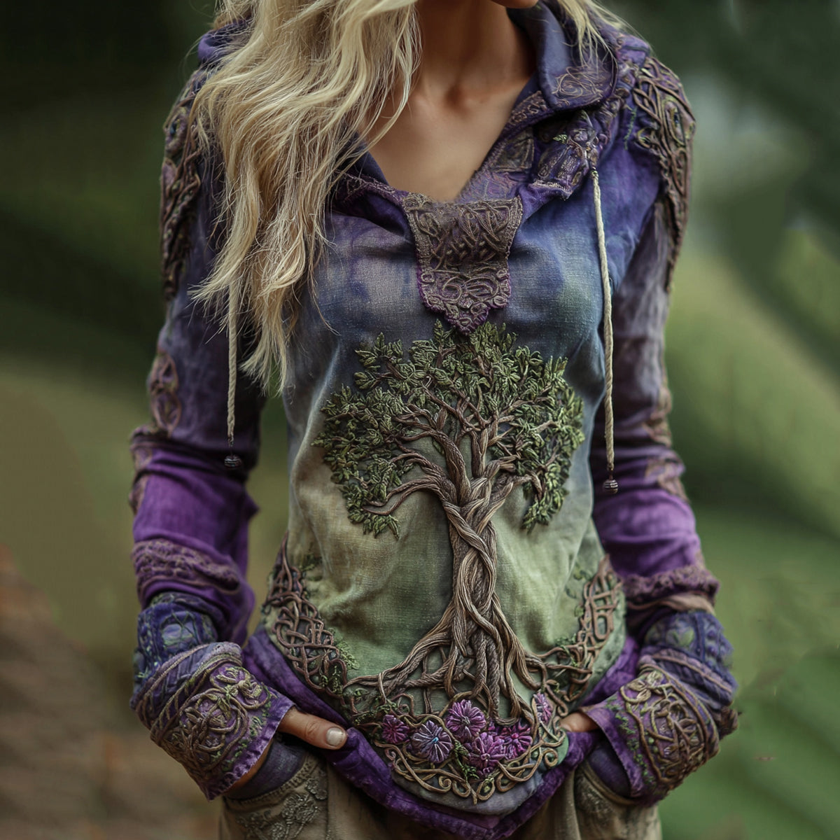 Women's Viking Tree Of Life Art Gradient Comfort Hooded Linen Shirt elevenforest