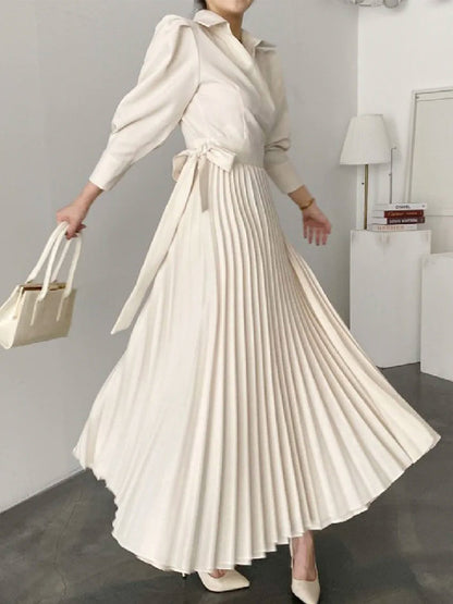 Office Pleated Asymmetric Color Lapel Maxi Dresses