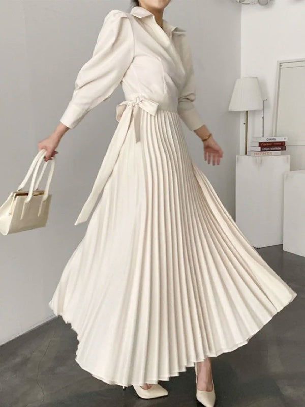 Office Pleated Asymmetric Color Lapel Maxi Dresses