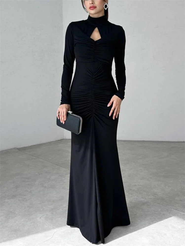 Autumn Pleated Hollow Out Maxi Dress ’s Slim High Waist Backless Party Dress Female Long Dress