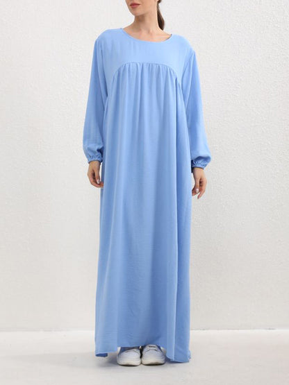 Long Sleeves Loose Pleated Color Split-joint Round-neck Maxi Dresses