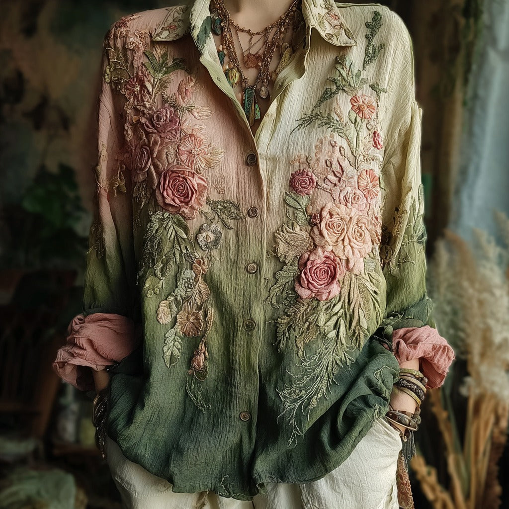 Women's Vintage Floral Embroidery Contrast Linen Shirt elevenforest