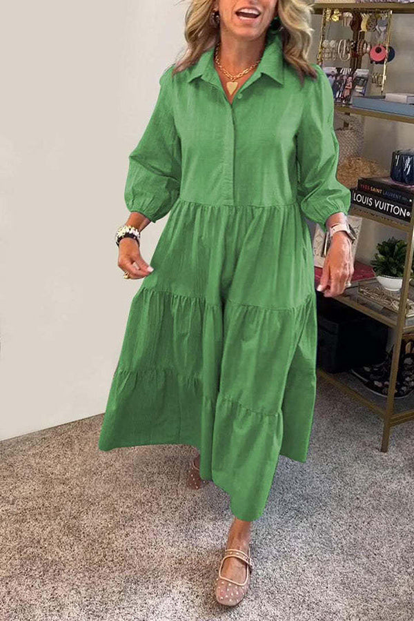 Color Lapel Elastic Cuffs Loose Maxi Dress