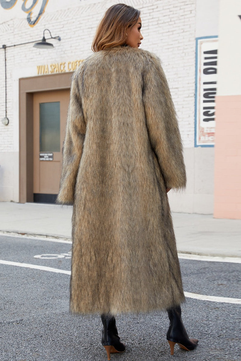 Plush Faux Fur V-neck Long Overcoat