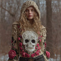 Comstylish Women Halloween Pink Vintage Mysterious Pink Fairy Rose Skull Hooded Sweater