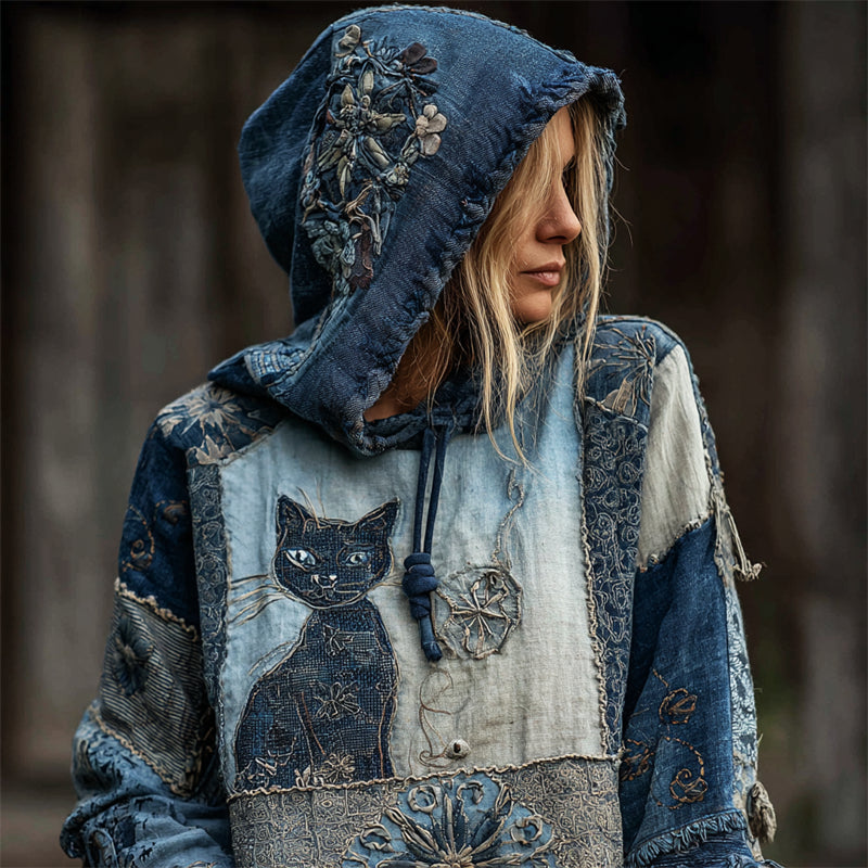 Vintage Cat Boho Floral Embroidered Patchwork Hoodie elevenforest