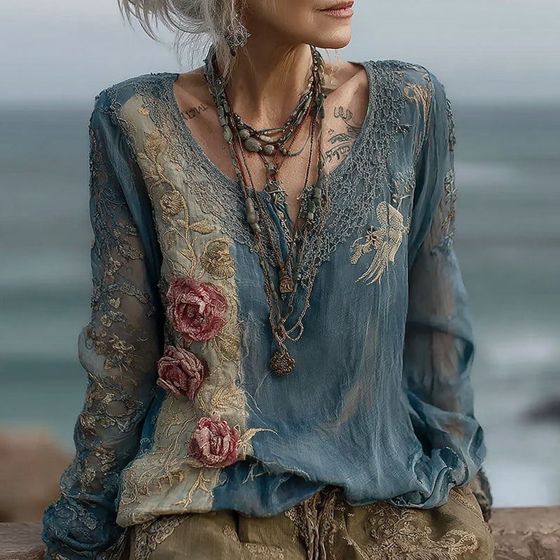 Women's Vintage Rose Floral Embroidery Linen Shirt elevenforest