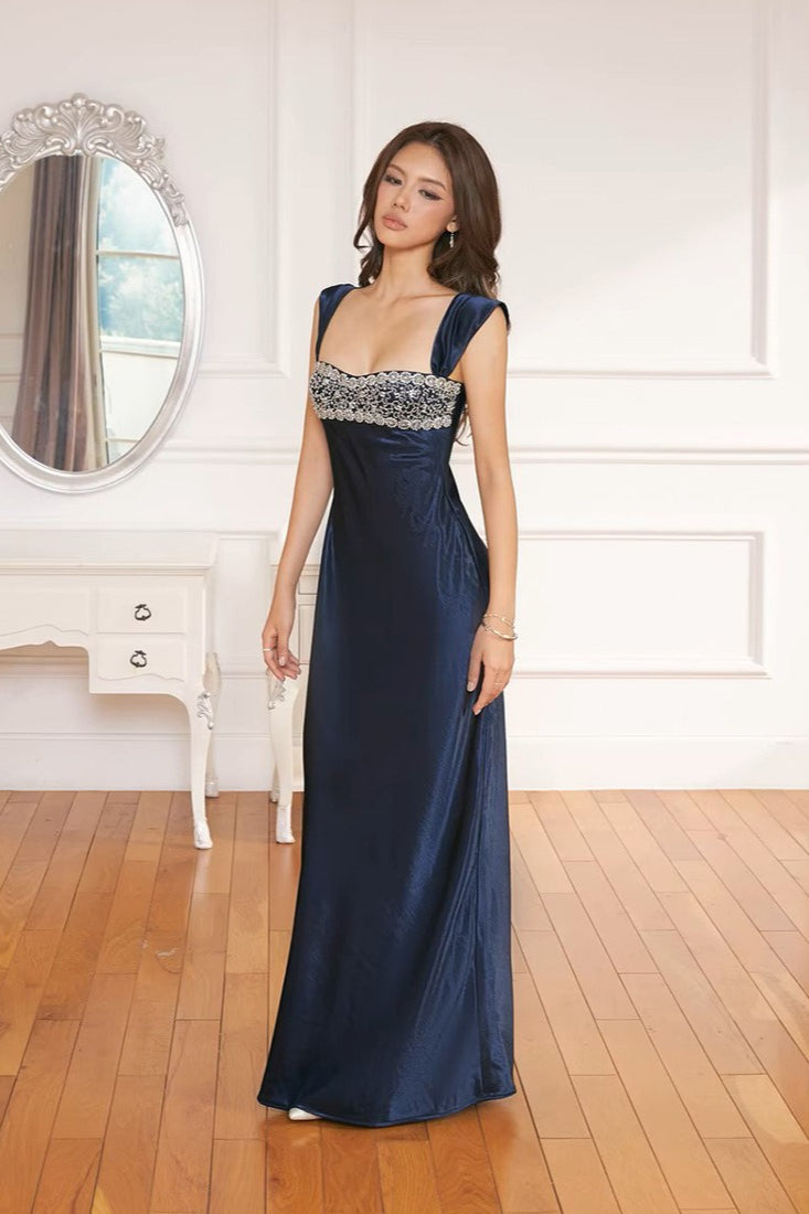 Patchwork Rhinestone Ruched Maxi Dress