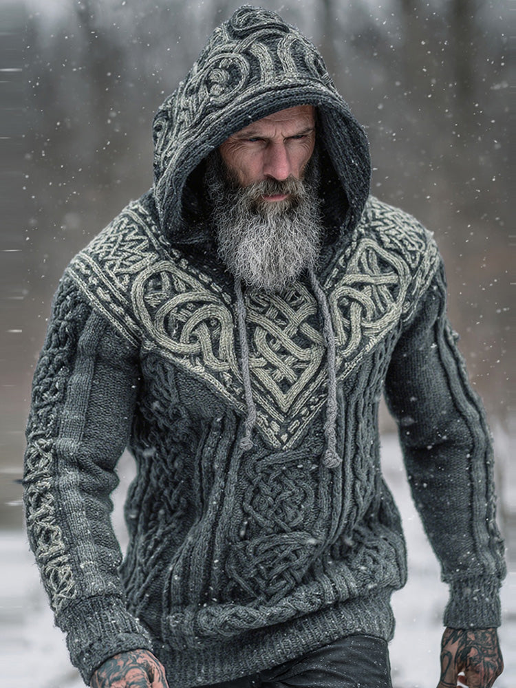 Men's Viking Tribal Jacquard Celtic Knotwork  Inspired Chunky Knit Hooded Sweater artswardrobe