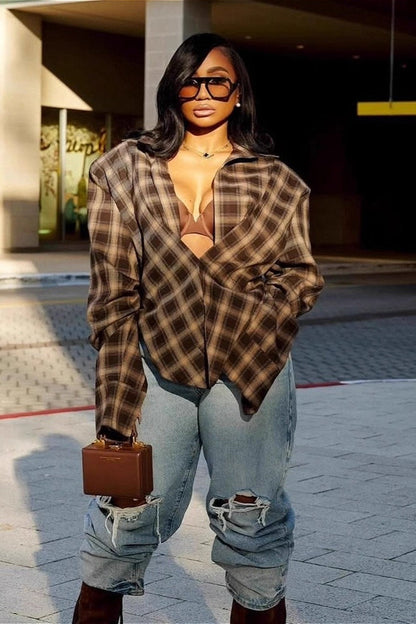 Plaid Collared Asymmetrical Loose Blouse