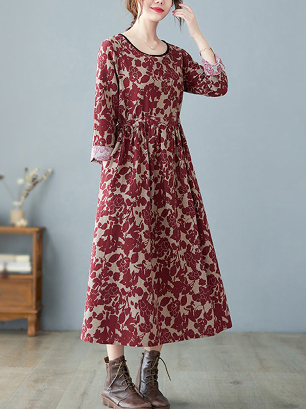 Artistic Retro Ramie Cotton Printed Pleated Round-neck Long Sleeves Midi Dress