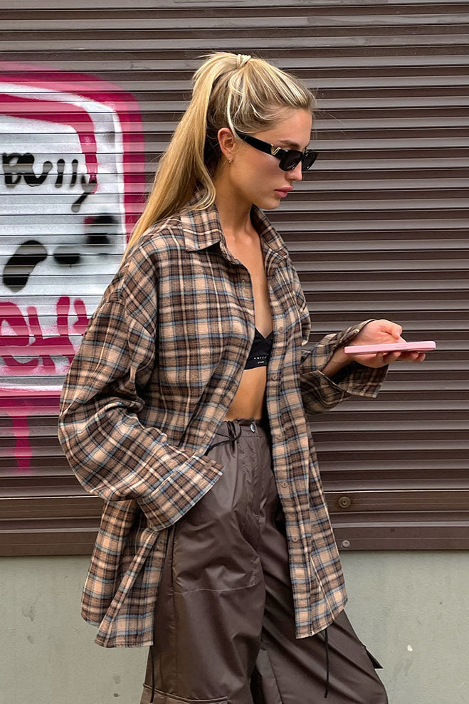 Plaid Longline Loose Fit Blouse