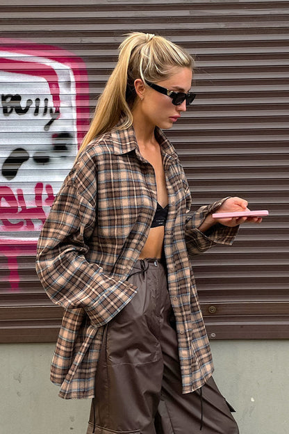 Plaid Longline Loose Fit Blouse