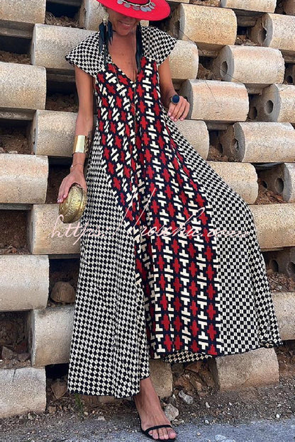 Fresh Breeze Unique Print Ruffle Sleeve A-line Maxi Dress