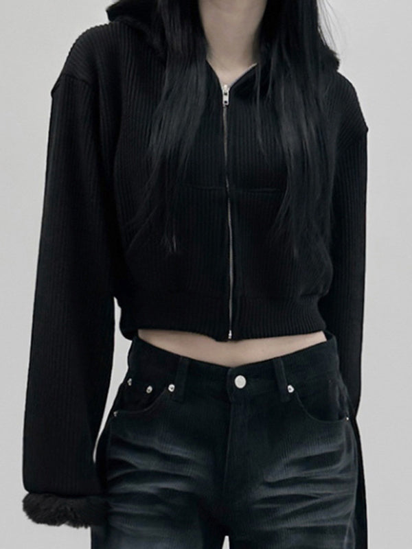 Y2k Black Versatile Color Corduroy Plush Cardigan