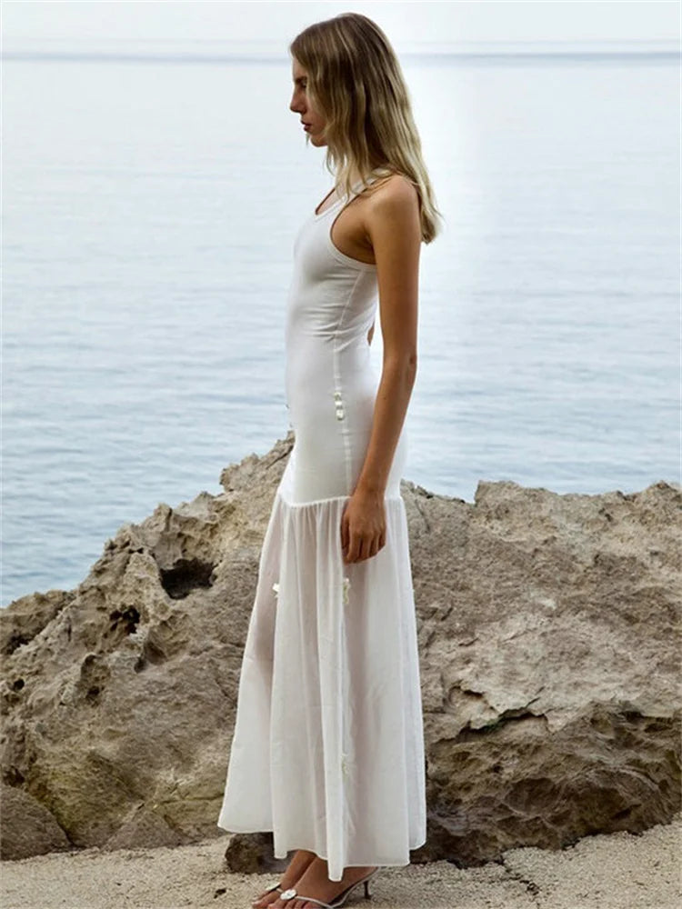 Tee Bow Mesh Patchwork Long Dress ’s Bandage See-through Beach Holiday Party Dress Slim Maxi Dress Summer New