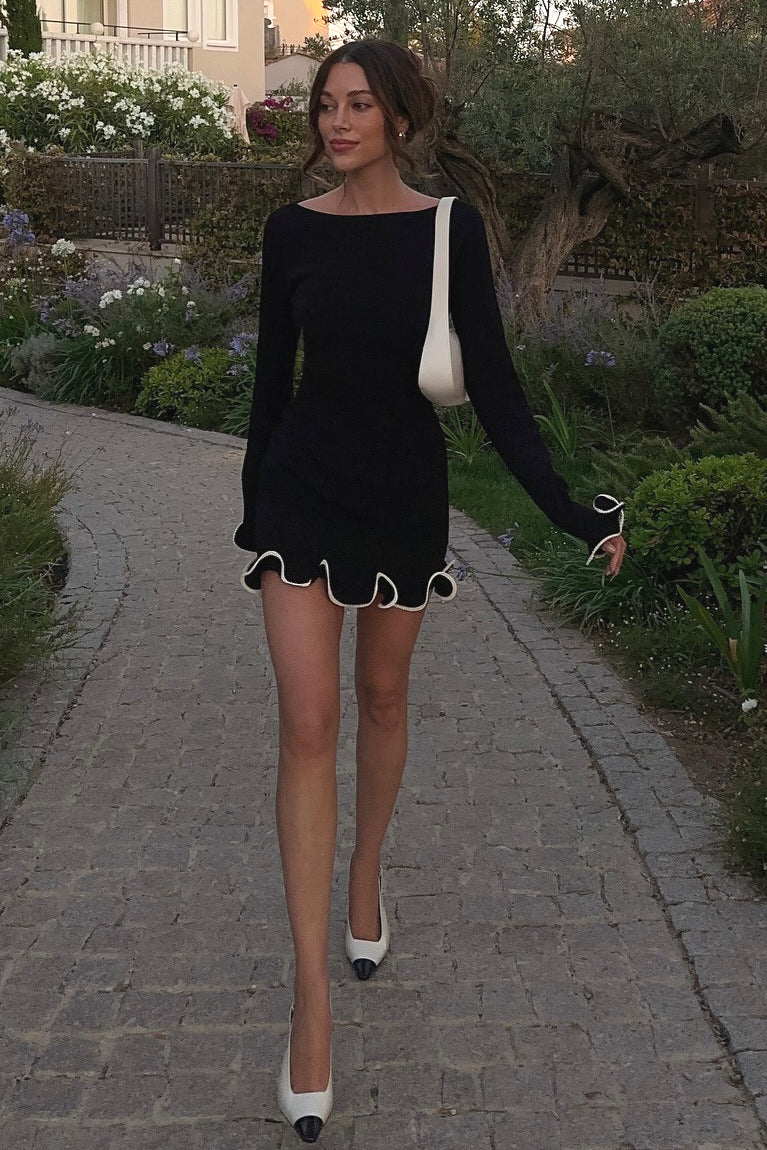 Fitted Ruffled Wave Edge Long Sleeve Mini Dress