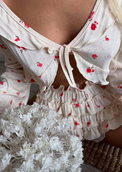 Whirl - Ruffle Two-piece Set With Tie Front Crop Top