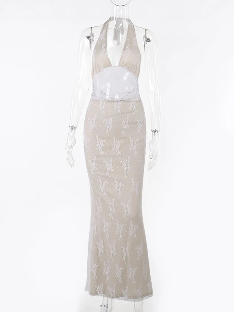 Fantoye See Through Lace Maxi Dress White Spaghetti Strap High Waist Dress Female Skinny Party Clubwear