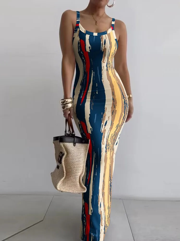 Printed Slim Spaghetti Strap Long Dresses Y2k Sleeveless Skinny Bodycon Maxi Vestidos Summer New