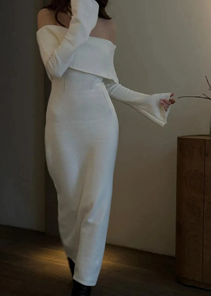 Off-shoulder Elegance - Ribbed Knit Maxi Dress