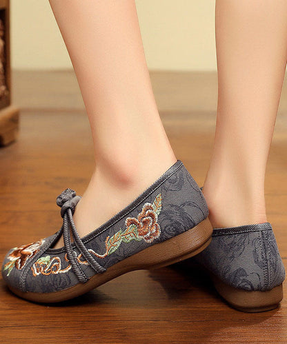 Embroideried Flat Shoes for Grey Cotton Fabric Chinese Button