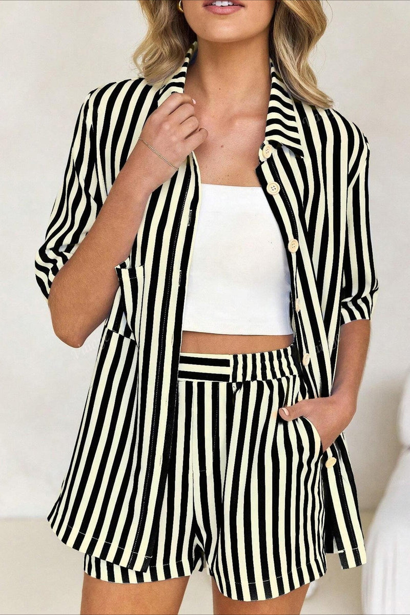 Button Down Striped Short Sleeve Blouse Shorts Set