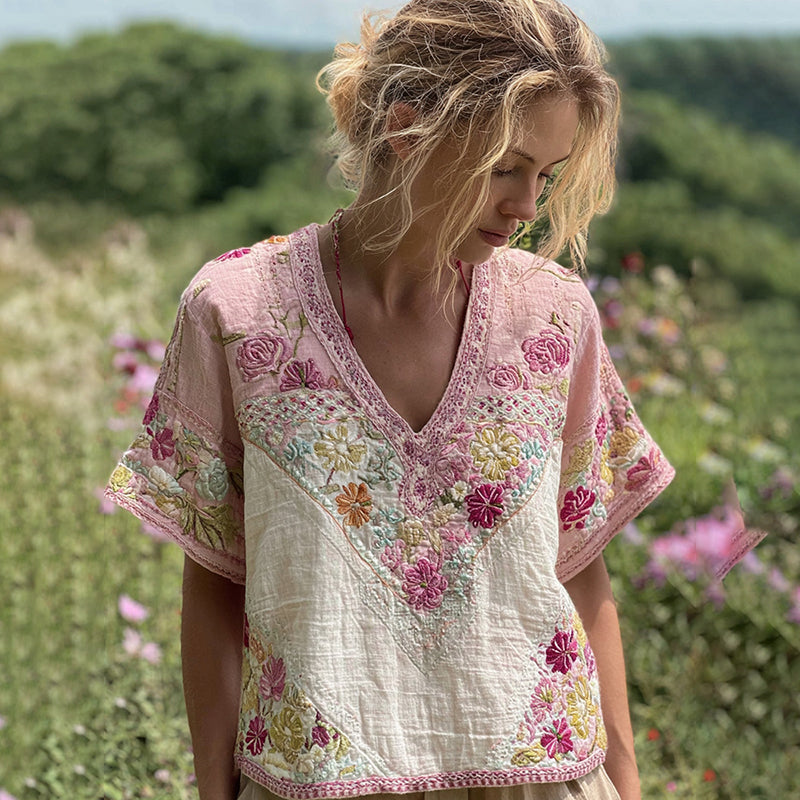 Women's Bohemian Contrast Patchwork Floral V-neck T-shirt elevenforest