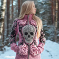 Skull & 3d Floral Art Women's Chunky Knit Zipper Sweater elevenforest
